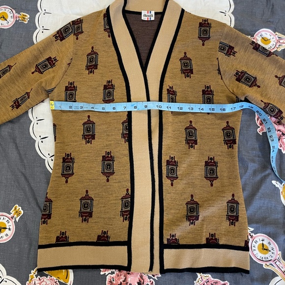 Vintage 60s 70s Gold Brown Pendulum Clock Cardigan Sweater - Picture 2 of 3
